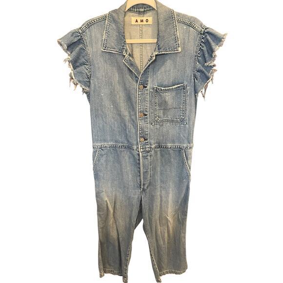 AMO‎ Women Medium Luna Denim Jumpsuit Ruffle Short Sleeve Utility Jumpsuit Ankle